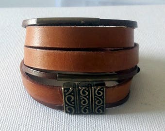 Boho Brown leather wrap bracelet with copper color magnetic ornament closure and copper tubes