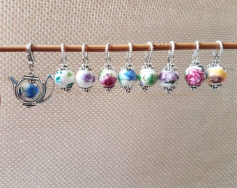 9-piece Ceramic Bead Floral Tea Set inspired, Progress Keeper Stitch marker set Knit Crochet CS915
