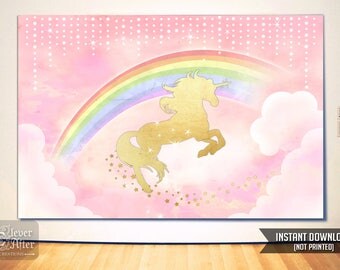 Unicorn Backdrop Instant Download Unicorn and Rainbow Poster Background magical horse back drop birthday party mood setter pink and gold