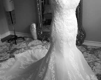 Beaded sequined fitted mermaid, Trumpet Wedding dress, beaded wedding dress, illusion neckline, sleeveless, pearls, art deco, Lace, unique