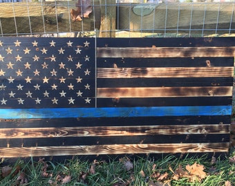 Thin Blue Line Wooden Flag, Police Flag, Police, Thin Blue Line, Blue, Charred, Burnt, Wooden Flag, United States Flag, US Flag, US Police