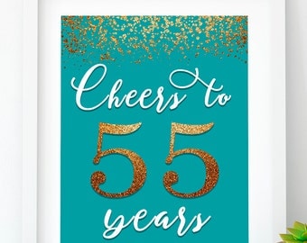 INSTANT DOWNLOAD, Cheers to 55 Years turquoise 55th birthday decor gold 55th birthday banner 55th printable party 55th anniversary sign