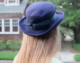 Navy Blue Wool Importina Hat with Large Bow, Madeline or a French Schoolgirl