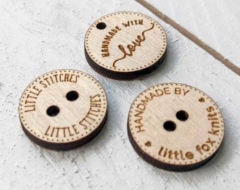 25 Personalised Sew On Wood Tags Buttons - Custom Logo Round Wooden Tags Knitting Tags Stitching Crotchet Tags Crafter Tags - Your Logo