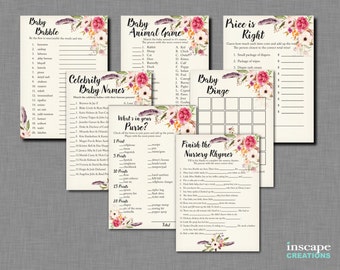 Boho Baby Shower Games Package, 7-Games MEGA Bundle, Bohemian Baby Shower Games, Rustic Feathers Country Bingo, Purse Game, Nursery Rhyme