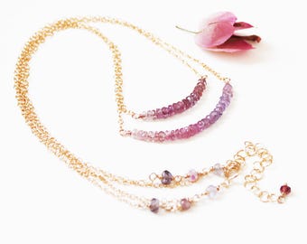 Delicate Pink and Purple Ombre Sapphire Necklace in Gold, Dainty Minimal Double Strand Gemstone Necklace, September Birthstone Jewelry Gift