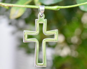 Cutout CROSS pendant, silver cross necklace, 925, religious charm, Christian gift, Baptism, Confirmation, Communion, male female, minimalist