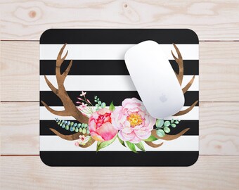 Striped Floral Antlers Mouse Pad | Deer Antlers Mouse Pad, Striped Mouse Pad, Office Desk, Mouse Pad, Striped Mouse Pad, Cute Mouse Pad