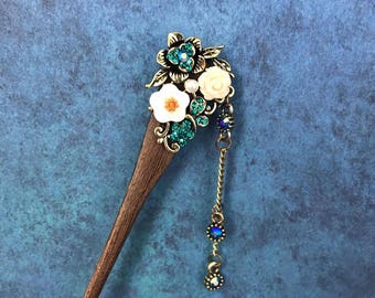 Hair Stick, Wooden, Green-Blue, Chopstick, Hair Jewelry, Oriental, Asian, Floral, Rhinestone, Bronze, Updo