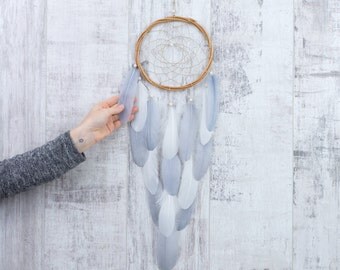 Long Gray Feather Dreamcatcher - Color Choice - Boho Girls Boys DreamCatcher Wall Hanging Baby Tribal Crib Baby Feathers New Baby nursery