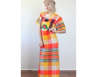 70s Mexican Dress // Vintage Bright Patterned Embroidered Boho Maxi Dress Hippie - Small to Medium
