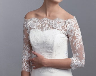 Off shoulder bridal cover up, bridal lace bolero, wedding top, bridal top, long sleeve bolero