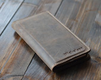 Personalized Leather iPhone Wallet, Leather iPhone Case, Magnetic iPhone Case, Distressed Leather, Chestnut Brown