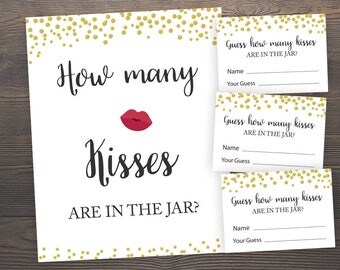 How many Kisses Sign, Bridal Shower Games, Guess How Many Kisses in the Jar, Gold Confetti Bridal Shower, Wedding Shower Games, GCB3