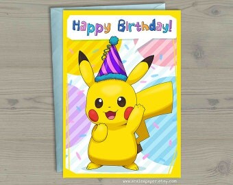 Pikachu Pokemon Go Happy Birthday Party Hat Geek Nerdy Anime Greeting Card