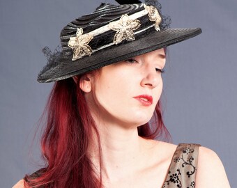 Vintage 1940's Horsehair Crinoline Hat, Black Wide BRIMMED Hat, Retro VICTORIAN Style