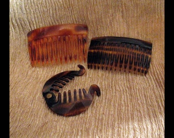 SET of 3 Vintage HAIR COMBS Tortoise Shell Barrettes & Clips, Made in France | Faux Tortoiseshell | Collectible Hairstyling Accessories