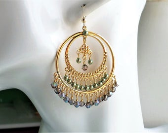 Gold Chandelier Earrings, Green Pearl Crystal Chandelier Earrings, Green Swarovski Crystal Pearl Large Gold Hoop Earrings, Gold Hoop Earring
