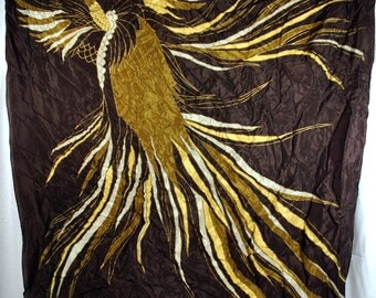 Vintage Anne Klein Silk Scarf - Phoenix Bird in Shades of Brown with Gold Outlining - Large Size