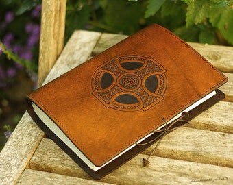 A5, Medium, Leather Bound Journal, Celtic Cross, Celtic Journal, Brown Leather, Celtic Knot, Leather Notebook, Blank Book, Personalized.