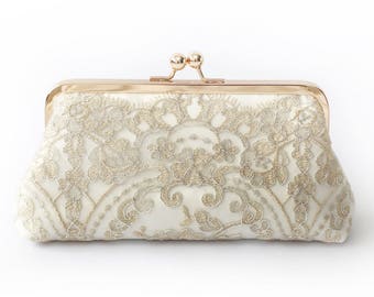 Metallic silver and gold Alencon Lace Bridal Clutch in Ivory 8-inches | Ready to Ship