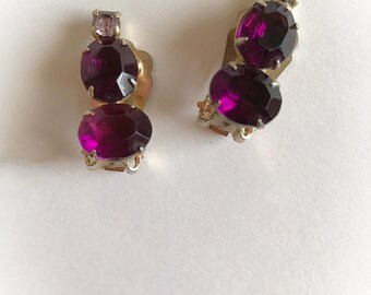 Vintage Purple Rhinestone Earrings Clip On