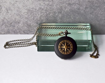 Compass Pocket Watch Necklace Set Steampunk Nautical North Star Mandala Black Onyx Unique Vintage Wedding Bridesmaid Anniversary Birthday