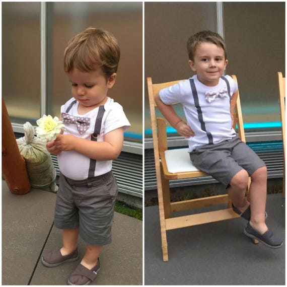 Ring Bearer Outfit Grey. Baby Boy Tie and Suspenders. Gray