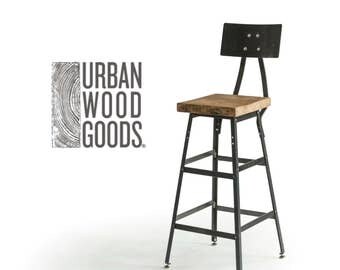 Bar Height Harvest Barn Wood Stool with steel back (1) 25" counter height stool with back. Your choice of wood finish and stool height.