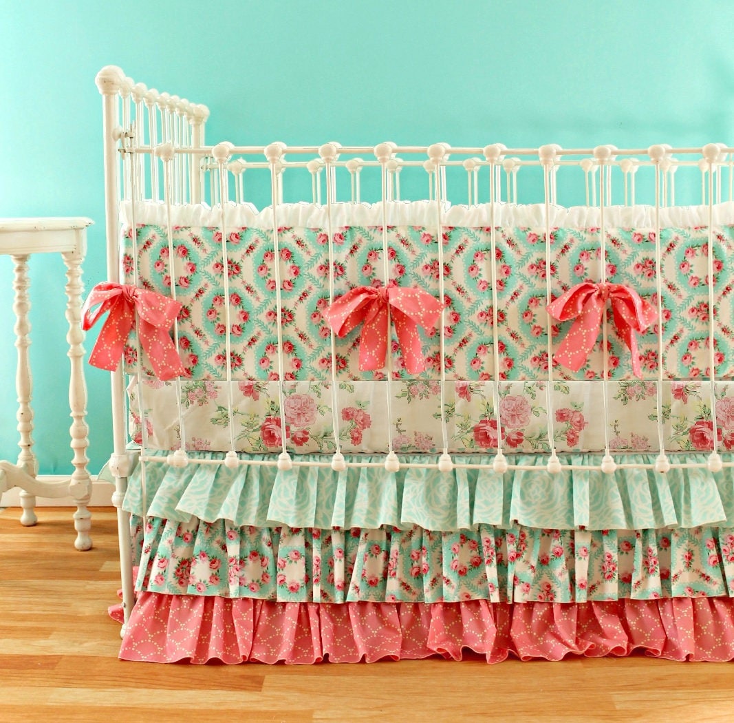 Pink and Aqua Crib Bedding Set Baby Girl Bedding with