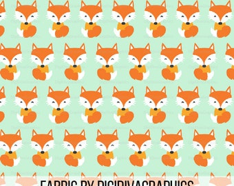 Happy Fox Fabric By The Yard - Orange Fox on Light Green Print in Yard & Fat Quarter