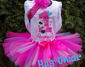1st Birthday Minnie Mouse Shirt + Tutu Outfit Pinks and Aqua (any age)
