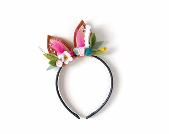 Woodland Floral Crown Headband, Fawn Deer Ears, Felt Flowers, giddyupandgrow
