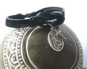 Archangel Michael Leather bracelet. Saint Michael bracelet St Michael / Strength Courage Protection Male confirmation gift / Mens bracelet