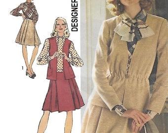 Simplicity 5730 Misses 70s Elastic Waist Cardigan, Vest and Dress with Pleated Skirt Designer Fashion Sewing Pattern Size 12 Bust 34