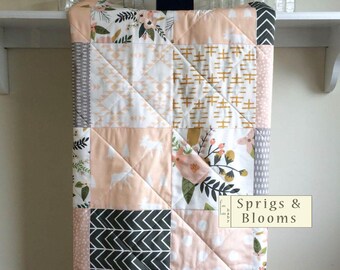 Floral Baby Quilt, Girl Baby Blanket, Baby Quilt Handmade, Pastel, Pink Peach Grey Quilt, Crib Quilt, Crib Bedding - Blush Sprigs Blooms