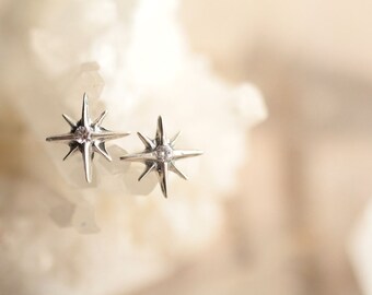 North Star Earrings, 925 Sterling Silver Stud Earrings, Earrings Studs, Gemstone Studs, Gift for her, Modern Jewelry, Handmade, Dainty Studs