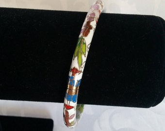 Hinged Cloisonne Bracelet, Cloisonne Bracelet, White Cloisonne Bracelet, Cloisonne Jewelry