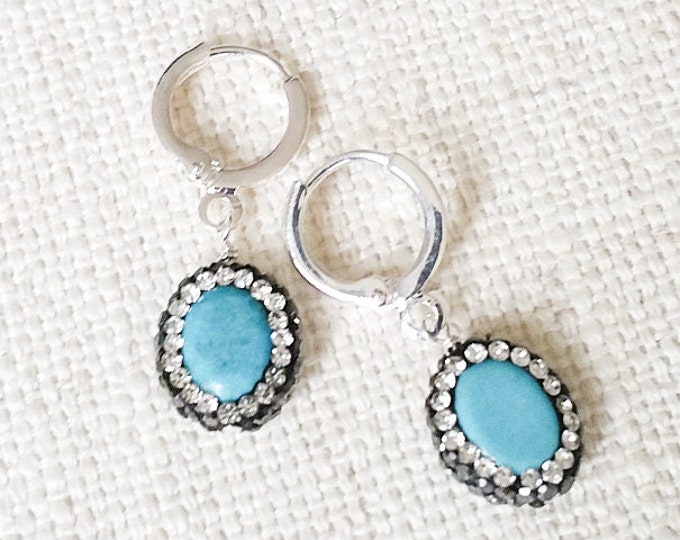 Turquoise Earrings, Crystal Turquoise Earrings, Silver Crystal Turquoise Earrings, Silver Turquoise Earrings, Turquoise Crystal Earrings