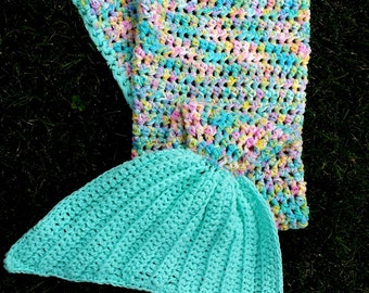 Mermaid Tail, Toddler to 4T, Mermaid Tail Blanket, Mermaid Tail Blankies, Three Strands of Yarn, Crochet, Pastel Rainbow, Light Teal Fin