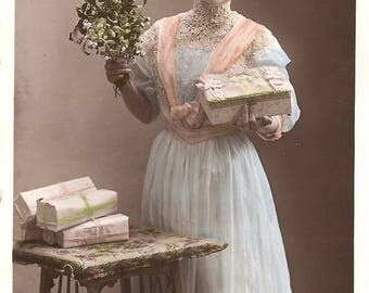 Pretty Young Edwardian Woman with Flowers & Gifts Antique French Photo Postcard, Tinted Photo Post Card from Vintage Paper Attic