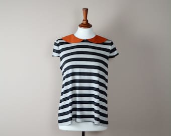 Striped tshirt, striped shirt, short sleeve, cotton tshirt, jersey top, womens clothing, orange collar, grey black stripes, alicecloset