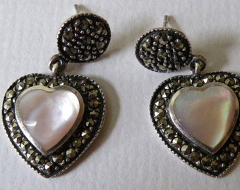 Pink Mother-of-Pearl Heart Earrings with Marcasite