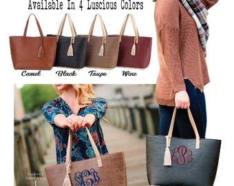 Monogram Purse, Embroidered Monogram Leather Tote Bag, Monogram Tassel Tote Bag, Monogrammed Handbag, Monogrammed Purse, Totebag Purse