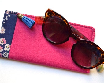 SPECIAL OFFER ! Eyeglasses Case - Sunglasses Case - Felt & Fabric - Pink and Blue - Tassel - Handmade