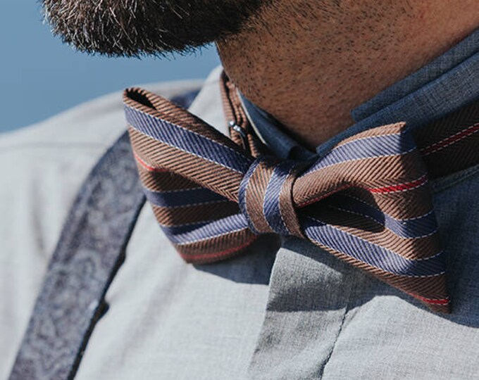 Brown Mens Bow tie, Striped Bow tie, Chocolate Bow tie, Coffee Bowtie, Brown Blue Bow tie, Prom bow tie, Wedding bow tie, unique bow tie