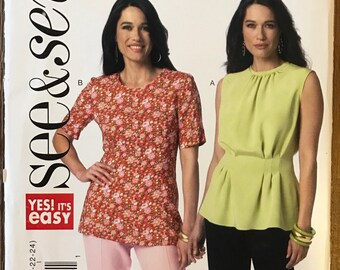 UNCUT See and Sew B6156 Shirt Sewing Pattern Size 8-10-12-14-16-18-20-22-24 Blouse, Top, Peplum, Short Sleeves