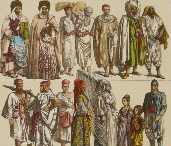 1888 Antique print of ARABIC PEOPLE. Clothing and Jewels.