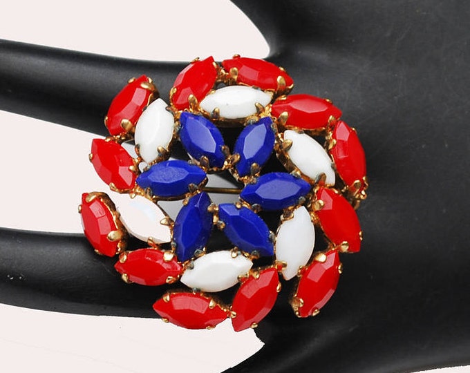 Red White blue Brooch - Colorful Glass Rhinestone - Patriotic - Mid Century - Circle Pin wheel Flower pin