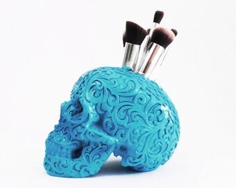 Carved Tribal Skull, Skull, Makeup Assessories, Painted Skull, Replica Human Skull, Skulls, Makeup Brush Holder, Gold Skull, Tribal Skull,